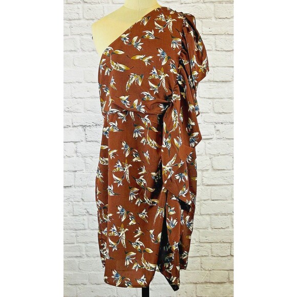 Soncy Dress Size 12 One‎ Shoulder Asymmetrical Fitted Ruffle Floral Brown NWT - Picture 2 of 13